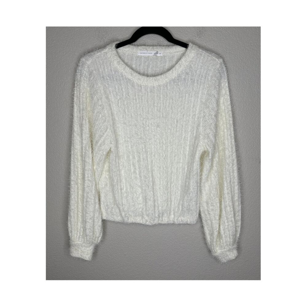 Altard State Sweater Womens M White Fuzzy Ribbed Eyelash Knit Crewneck Pullover